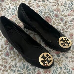 Tory Burch Black Wedges with Gold Emblem